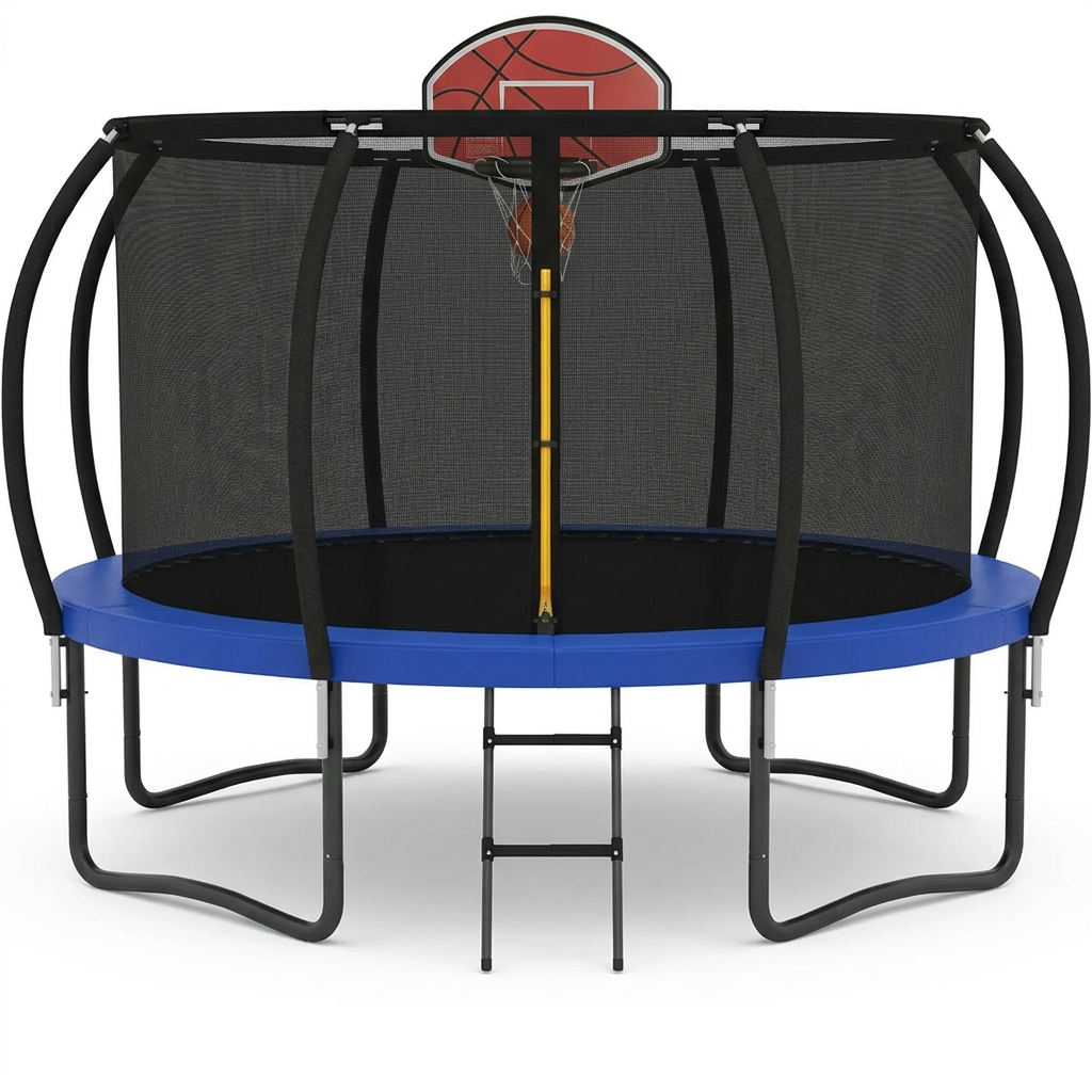 trambulina-blue-basketball Trambulina pentru Copii , Diametru 244 cm, Plasa Protectie, Exterior si Gradina, Protectie UV, Scara de Acces Inclusa, 48 de Arcuri de Sustinere din Otel Galvanizat Coș de baschet Inclus - imagine 1