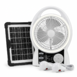 Ventilator Solar 5-în-1 cu Bluetooth, Radio, Încărcare Telefon și Sistem de Iluminat (2 Becuri), Panou Solar 6W inclus, Tehnologie LiFePO4
