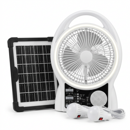 Ventilator Solar 5-în-1 cu Bluetooth, Radio, Încărcare Telefon și Sistem de Iluminat (2 Becuri), Panou Solar 6W inclus, Tehnologie LiFePO4
