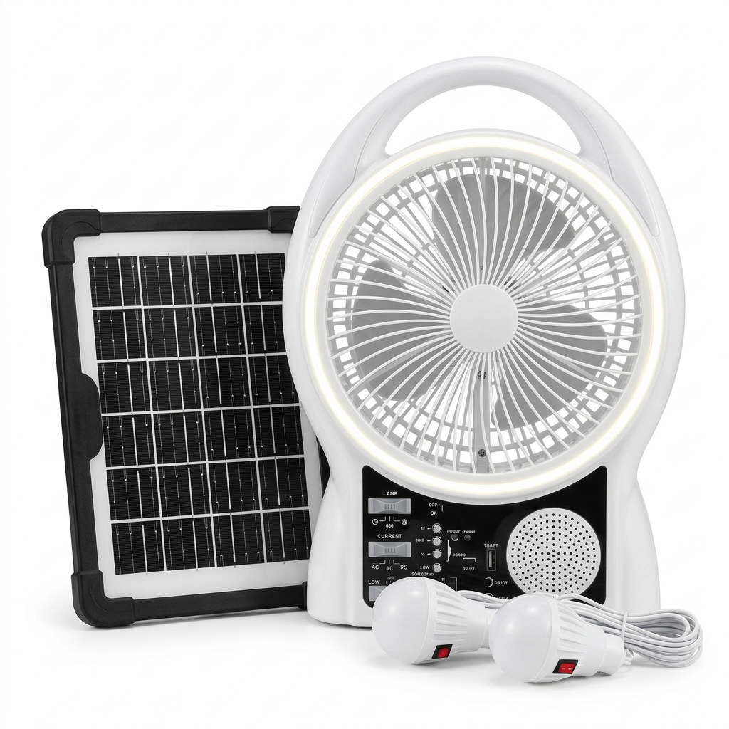 yobolife-white-1 Ventilator Solar 5-în-1 cu Bluetooth, Radio, Încărcare Telefon și Sistem de Iluminat (2 Becuri), Panou Solar 6W inclus, Tehnologie LiFePO4 - imagine 1